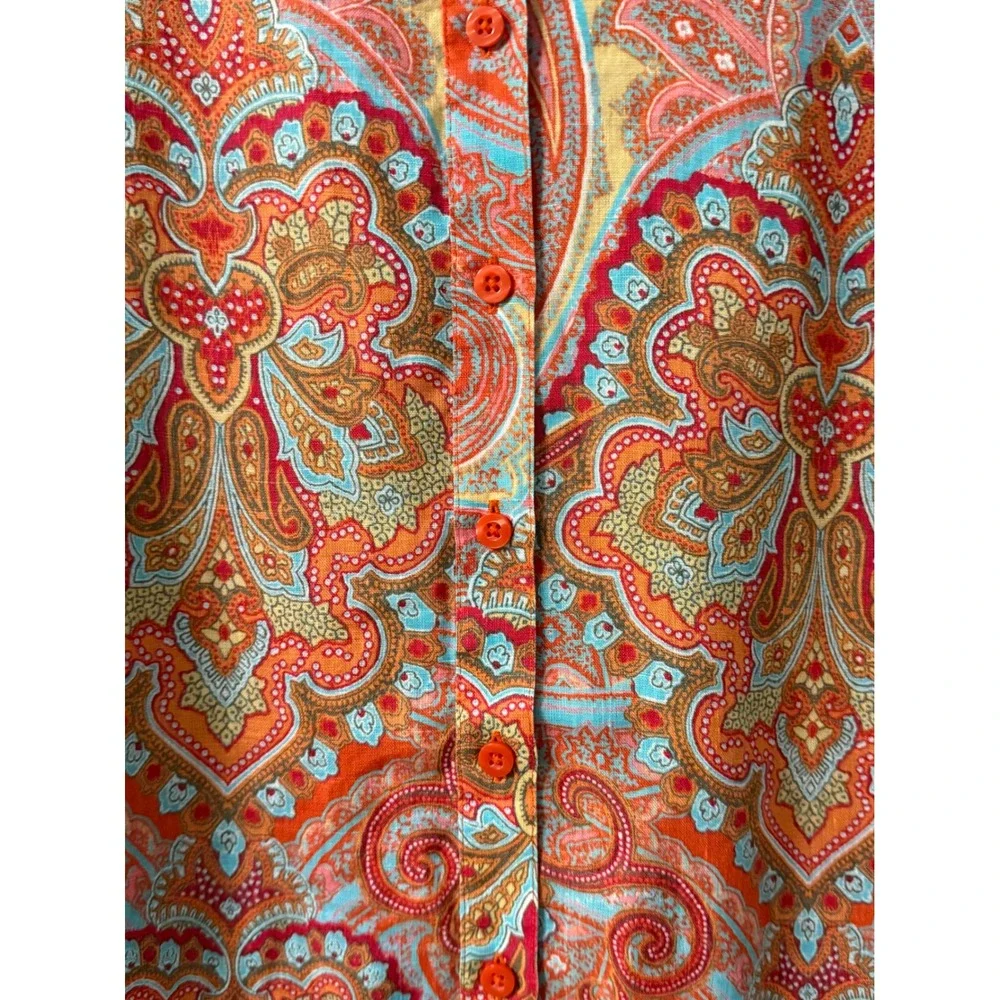 Chicos No Iron Linen Paisley Button Down Shirt Orange Blue Size 1 Medium